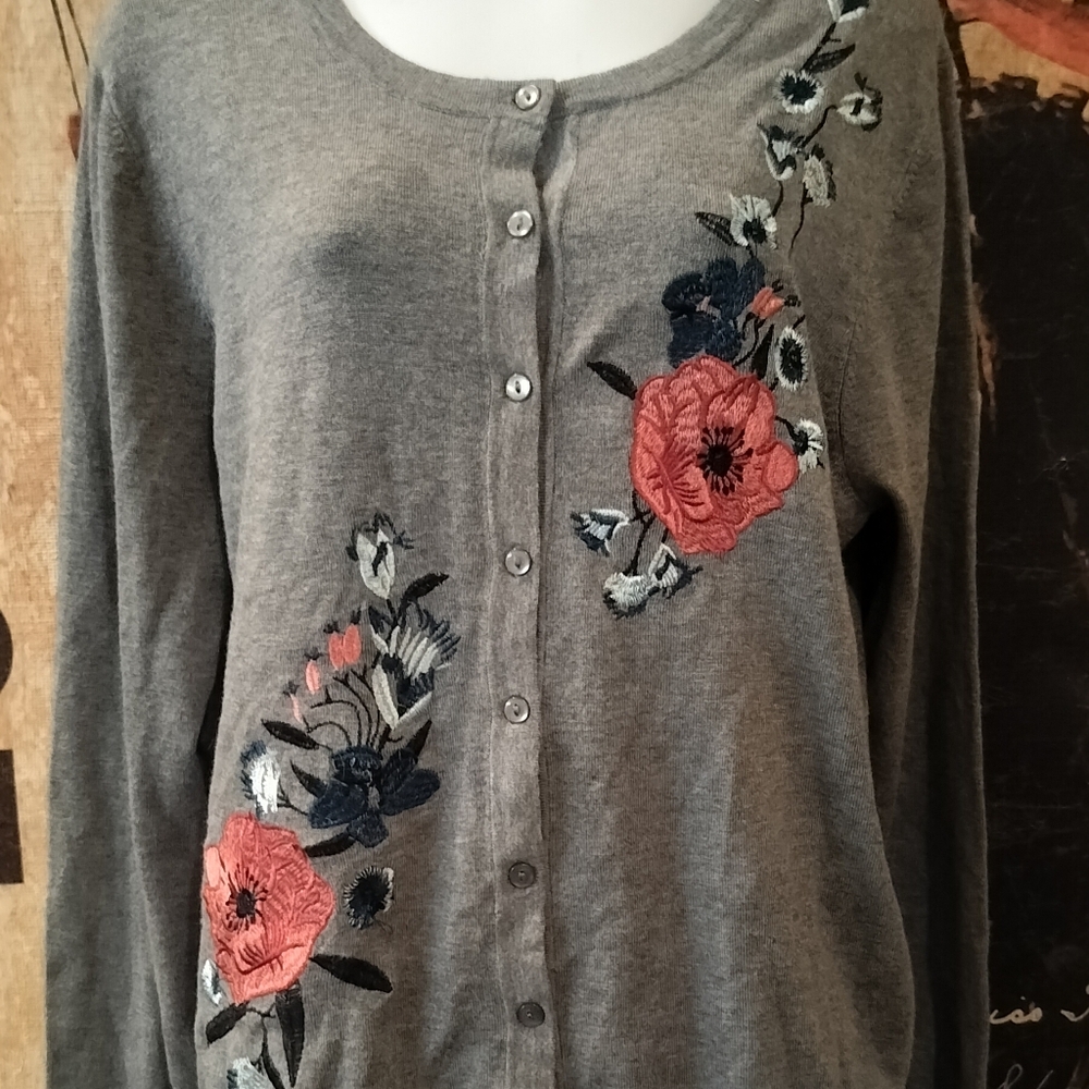 Croft & Barrow Floral Embroidered Cardigan Sweater L NWT